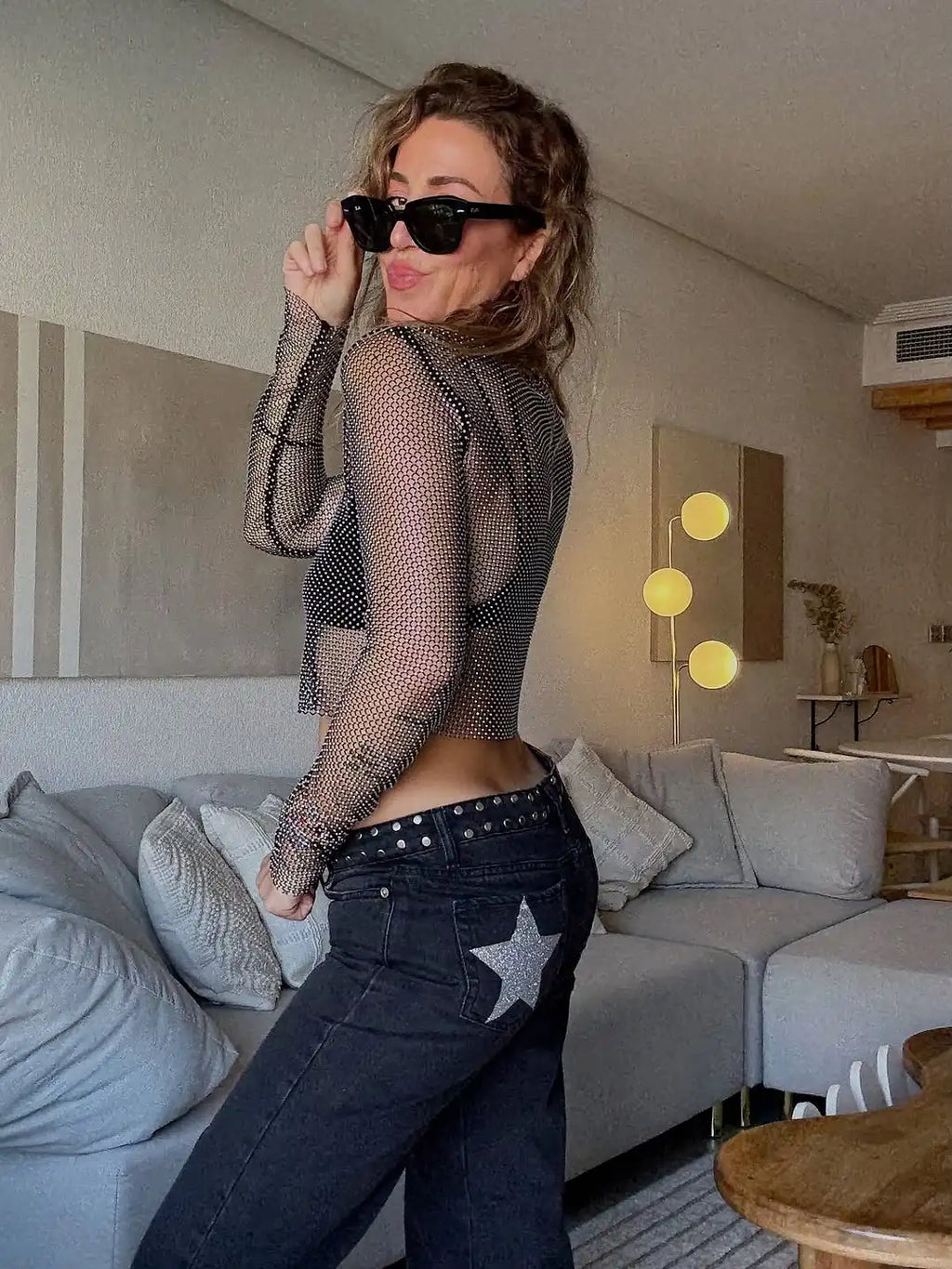 Pantalón Wide Leg Mujer – Lentejuelas Estrella en Espalda | Cintura Alta