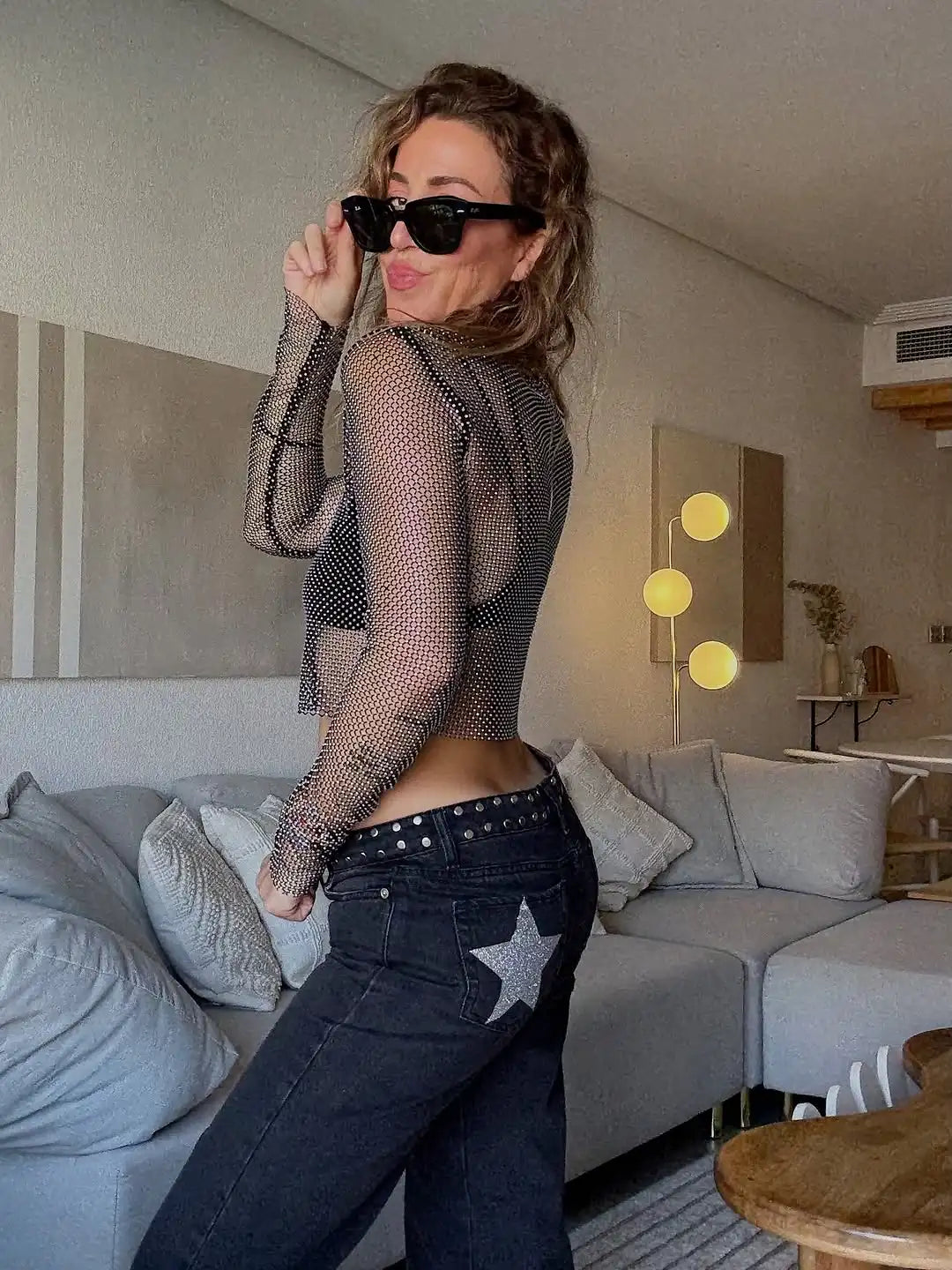 Pantalón Wide Leg Mujer – Lentejuelas Estrella en Espalda | Cintura Alta