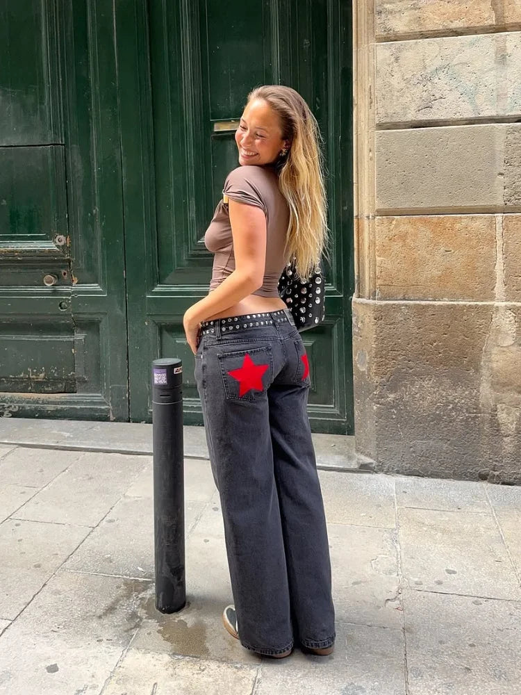 Pantalón Wide Leg Mujer – Lentejuelas Estrella en Espalda | Cintura Alta