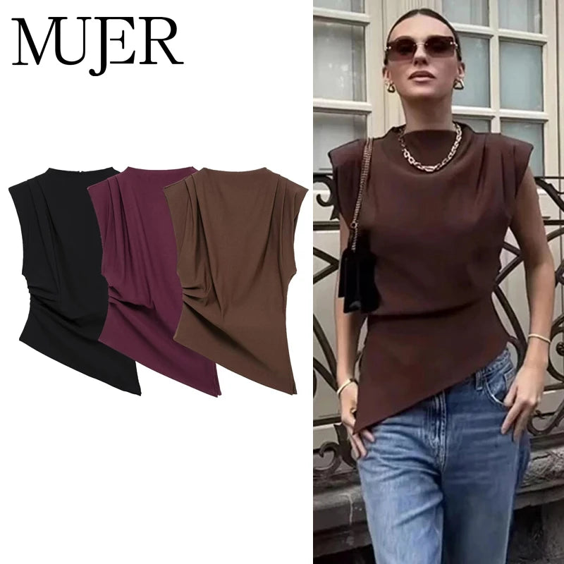 Top Asimétrico Fruncido Sin Mangas | Cuello Alto Mujer Verano